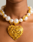 Amora Chunky Pearl Heart Chain – Ivory/Gold necklace with oversized pearls and gold heart pendant.