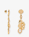 Gold swan statement earrings with pavé crystal detailing, luminous pearl feathers, and elegant pearl drops