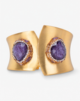 Armana Statement Hinge Cuff in Purple featuring purple stone centerpieces and a sculptural Gold tone finish.