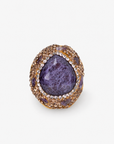 Armana Statement Ring in Purple featuring an oversized purple stone centerpiece with sparkling crystal accents.