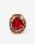 Armana Statement Ring in Red featuring an oversized red stone centerpiece with sparkling crystal accents.