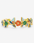 cherish Hummingbird 18k Garden Stretch Bracelet featuring colorful enamel hummingbirds, green leaves and coral floral accents.