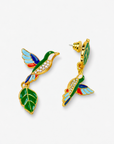 Sassy Jones Cherish Garden Earrings featuring blue and green hummingbirds with sparkling crystal accents.