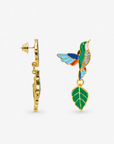 Asymmetrical botanical earrings featuring one hummingbird above a leaf and one green leaf above a hummingbird.