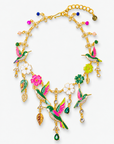 Cherish Hummingbird 18k Garden Necklace featuring colorful hummingbird charms, floral details and gold accents.