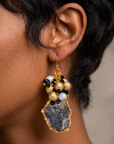Chrysallis Natural Black/Gold Agate Dangle Earrings featuring raw agate slices with clustered black, white, and gold beads.