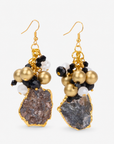 Chrysallis Natural Black/Gold Agate Dangle Earrings featuring raw agate slices with clustered black, white, and gold beads.