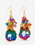 Multicolor statement earrings with raw agate drops, faceted rainbow beads, and gold details.