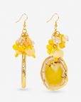 Chrysallis Natural Yellow Agate Dangle Earrings featuring sliced yellow agate drops with clustered yellow and clear beads.