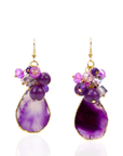 Statement dangle earrings featuring genuine purple agate slices, grape agate beads, faceted crystal accents, and gold detailing.