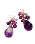 Statement dangle earrings featuring genuine purple agate slices, grape agate beads, faceted crystal accents, and gold detailing.