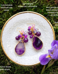 Chrysallis purple statement earrings with clustered gemstone-style beads and polished agate drops.