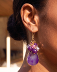 Chrysallis Grape Jelly purple natural agate dangle earrings featuring polished agate slice drops, clustered purple faceted beads and gold tone fish hook closures.