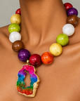 Multicolor chunky bead necklace featuring genuine agate, high luster serpentine beads, and an adjustable chain.