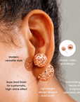 Rose gold statement earrings featuring a petite textured sphere and larger sculptural globe.