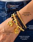 Ibiza 4pc Stretch Bracelet Stack in Black and Gold featuring faceted beads and elephant charms.