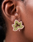 Ivey Dream Studs featuring green crystal ivy leaves outlined with petite pink pearls.