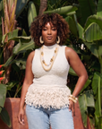Kamaria Ivory Coast jewelry trio featuring ivory coconut shell details, clear natural stone beads and gold accents.