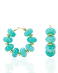 Teal statement hoop earrings featuring oversized marbled turquoise beads and gold-tone accents by Sassy Jones.