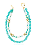 Layered teal statement necklace featuring marbled turquoise beads, frosted sea-glass inspired accents, and gold-tone details by Sassy Jones.
