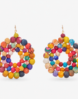 Kenza Cloth Bead Dangle Earrings in multicolor featuring layered circular rows of vibrant fabric wrapped beads.