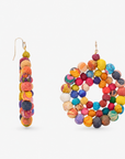 1. Close view of multicolor cloth bead dangle earrings featuring layered beads in bright mixed colors and patterns.