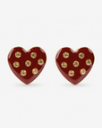 Lovebug 18K Studs in Crimson featuring oversized glossy red hearts with seven clear crystal accents and gold trim.