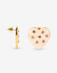 Sassy Jones Lovebug heart earrings featuring glossy cream marbling, crystal embellishments and polished gold edging. Oversized cream heart stud earrings featuring a neutral marbled design with scattered clear crystals and gold detailing.