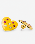 On model view of Lovebug Carnivale Heart Stud Earring featuring a bright yellow finish and colorful crystals.