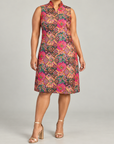 Margaux Jacquard Shift Dress featuring a vibrant multicolor geometric print and sleeveless knee length silhouette.