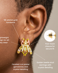 Women's crystal beetle earrings featuring faceted stones and colorful garden inspired details.