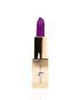 Bold violet lipstick in gold tube with vibrant purple swatch for a high impact statement lip.