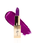 Bold violet lipstick in gold tube with vibrant purple swatch for a high impact statement lip.
