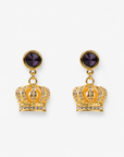 Reign Pavé Crown Purple Gemstone Dangle Earrings with purple faceted studs and gold crown drops