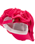 Petal pink chiffon rosette statement cap featuring handcrafted sculptural floral detailing by Sassy Jones.