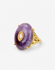 Sassy Jones Samira Purple ring featuring an oversized violet stone in a sculptural gold setting.