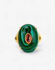 Samira Natural Stone Ring in Malachite featuring an oversized banded green stone and warm center accent.