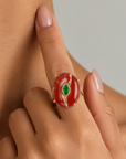 Sassy Jones Samira Mulberry Wine ring featuring an oversized natural stone silhouette with contrasting green detail.