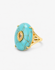 Teal statement ring featuring a smooth veined stone, petite center accent and Gold tone finish.