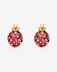 Scarlette Dainty Pearl Studs featuring red ladybugs embellished with petite pearls, crystals and black accents.