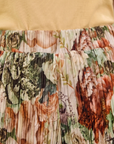 Women's silky pleated wide leg floral pants featuring a watercolor botanical print in sage, terracotta, blush, and cream with a comfortable pull on waistband.