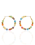 Colorful glass bead and pearl hoop earrings with gold accents designed for playful luxury styling