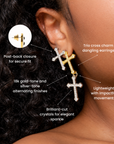 Trinity 18K Cross Sparkling Earrings featuring three cascading crystal crosses in gold and silver finishes. Woman wearing Trinity statement earrings with layered gold and silver crystal cross motifs. Sassy Jones Trinity drop earrings featuring three sparkling crosses in contrasting mixed metal finishes. Close up of crystal cross earrings with a silver cross stud, gold center cross and dangling silver cross. Trinity faith inspired earrings featuring cascading crystal embellished crosses in gold and s