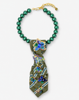 Valerie Vintage Necktie Miss Beasley featuring emerald green pearl beads and an olive green fabric tie decorated with removable jeweled brooches.