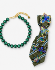 Sassy Jones Valerie Vintage Necktie featuring colorful crystal flowers and insect brooches on a striped olive green tie.