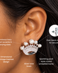 Vintage inspired crown statement earrings featuring pavé style crystal detailing and pearl embellishments.