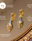 Colorful peacock dangle earrings featuring sculptural gold shell inspired studs and hand painted enamel.