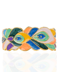 Statement cuff bracelet featuring hand painted enamel peacock feather motifs in vibrant jewel tones with gold tone detailing.