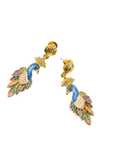 Statement peacock earrings featuring hand painted enamel feathers, sparkling crystal accents, gold shell studs, and colorful jewel toned detailing.