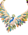 Statement peacock necklace featuring hand painted enamel feathers, multicolored crystal accents, gold tone detailing, and a sculptural peacock centerpiece.